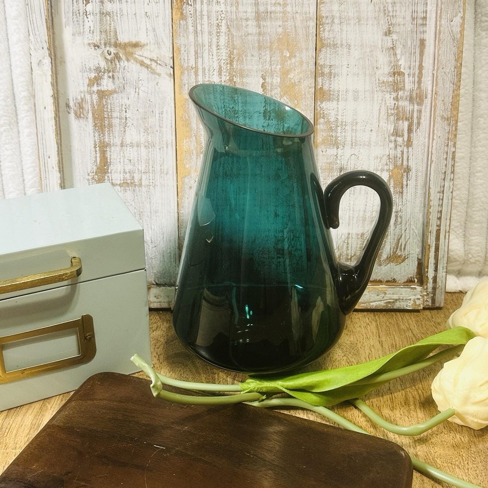 Kaj Franck Finland Teal Blue‎ Glass Pitcher Nuutajarvi Iittala Modern Minimalist - Picture 2 of 13